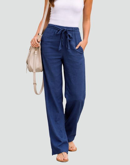 Women's Linen Wide Leg Trousers Drawstring Waist Summer