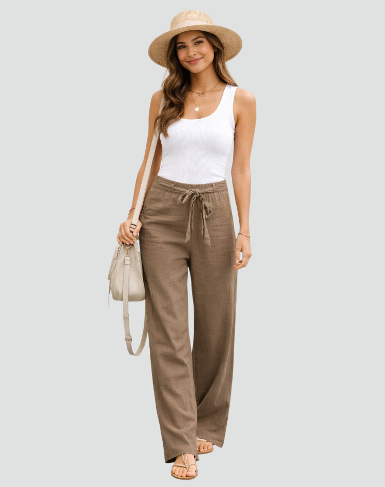 Women's Linen Wide Leg Trousers Drawstring Waist Summer