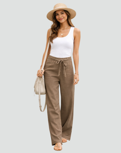 Women's Linen Wide Leg Trousers Drawstring Waist Summer