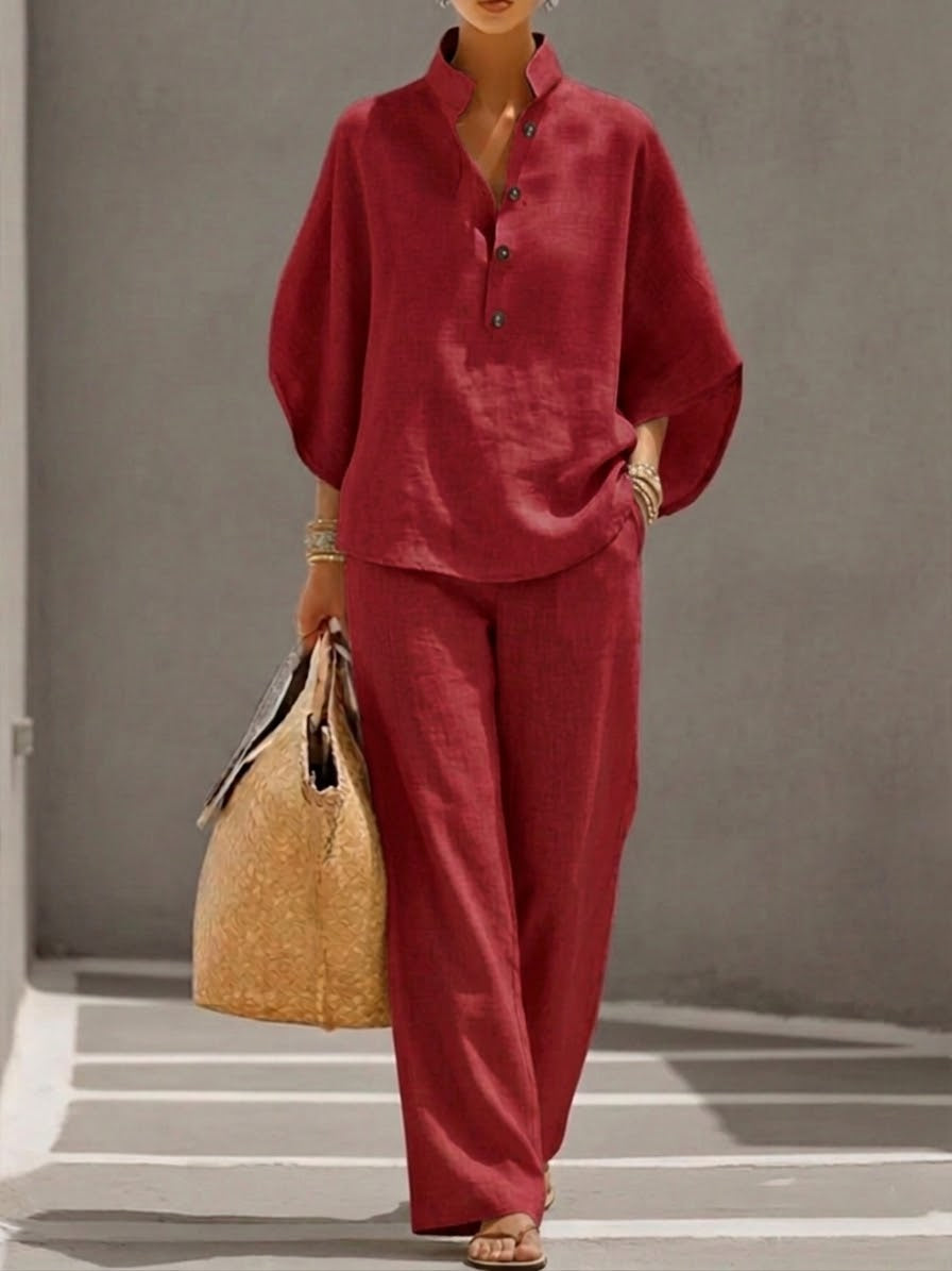 Meadow | Women's Casual Shirt and Trousers Two-Piece Set with Batwing Sleeves