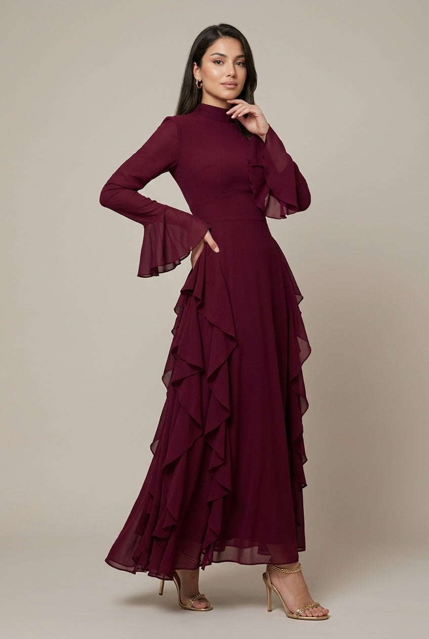 Women's Long Sleeve High Neck Ruffle Dress