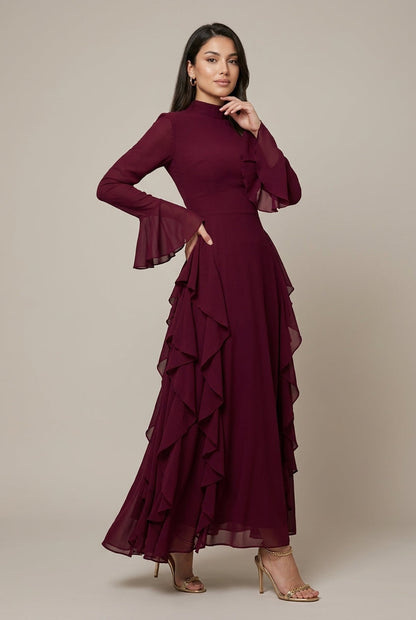 Women's Long Sleeve High Neck Ruffle Dress