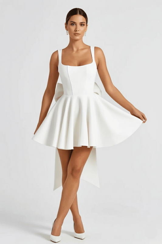 Women’s Flared Mini Dress – Elegant Cocktail Dress with Statement Bow Back