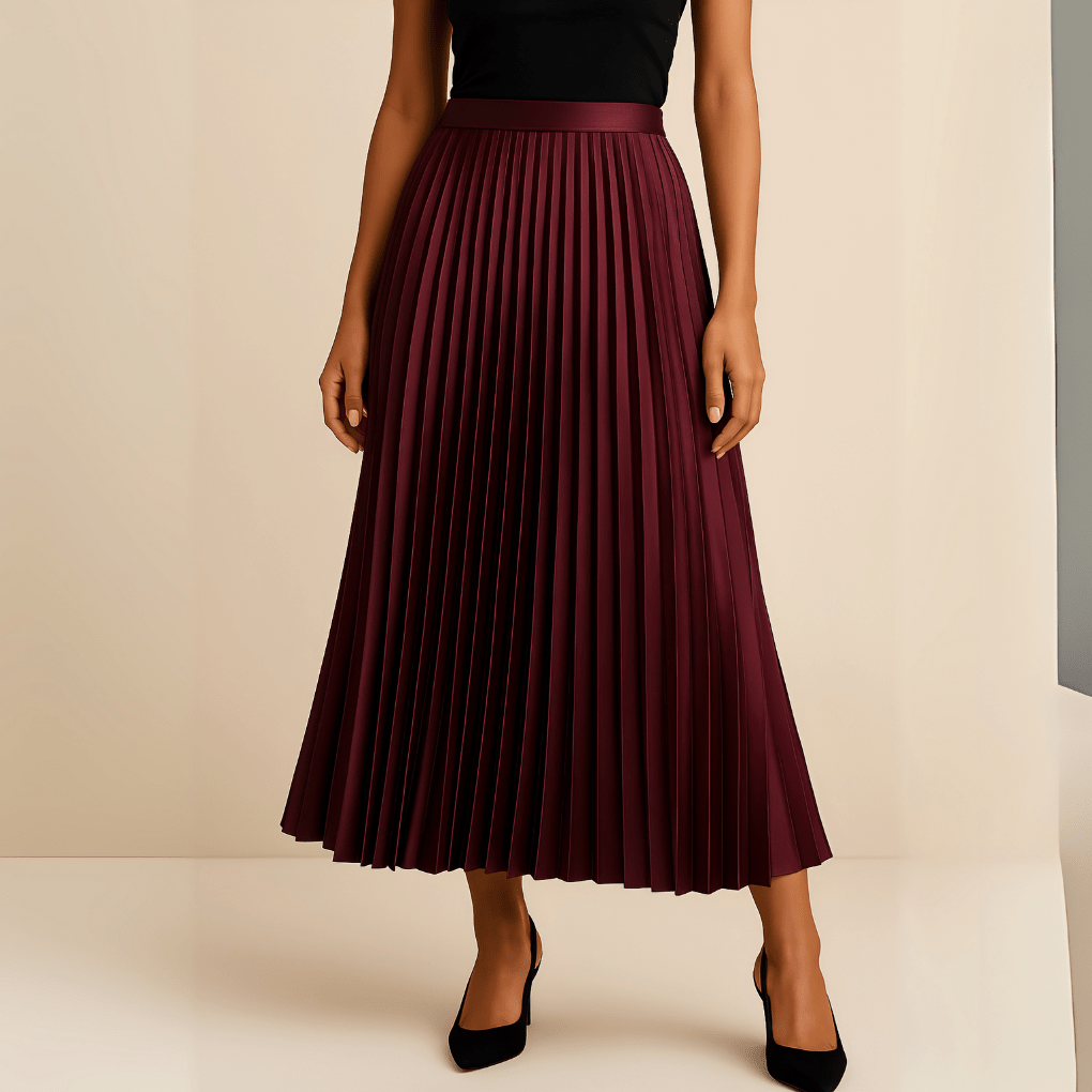 Women’s High-Waist Pleated Midi Skirt – Elegant Structured Silhouette