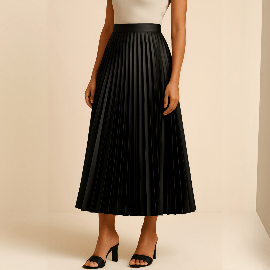 Women’s High-Waist Pleated Midi Skirt – Elegant Structured Silhouette