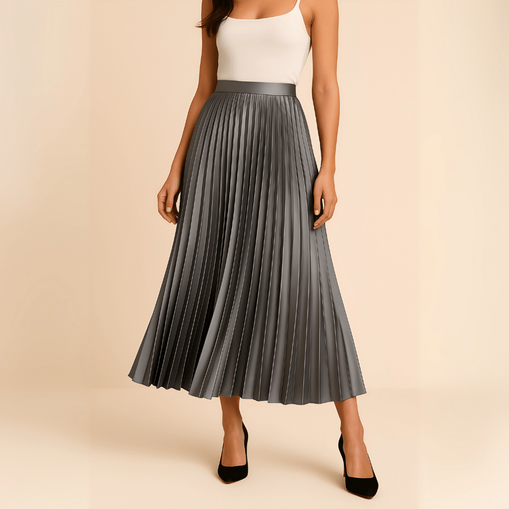 Women’s High-Waist Pleated Midi Skirt – Elegant Structured Silhouette